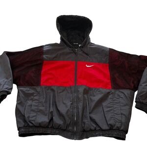 Vintage 1990s Nike Air Hooded Puffer Jacket Black Red Mesh Swoosh XL (D3)